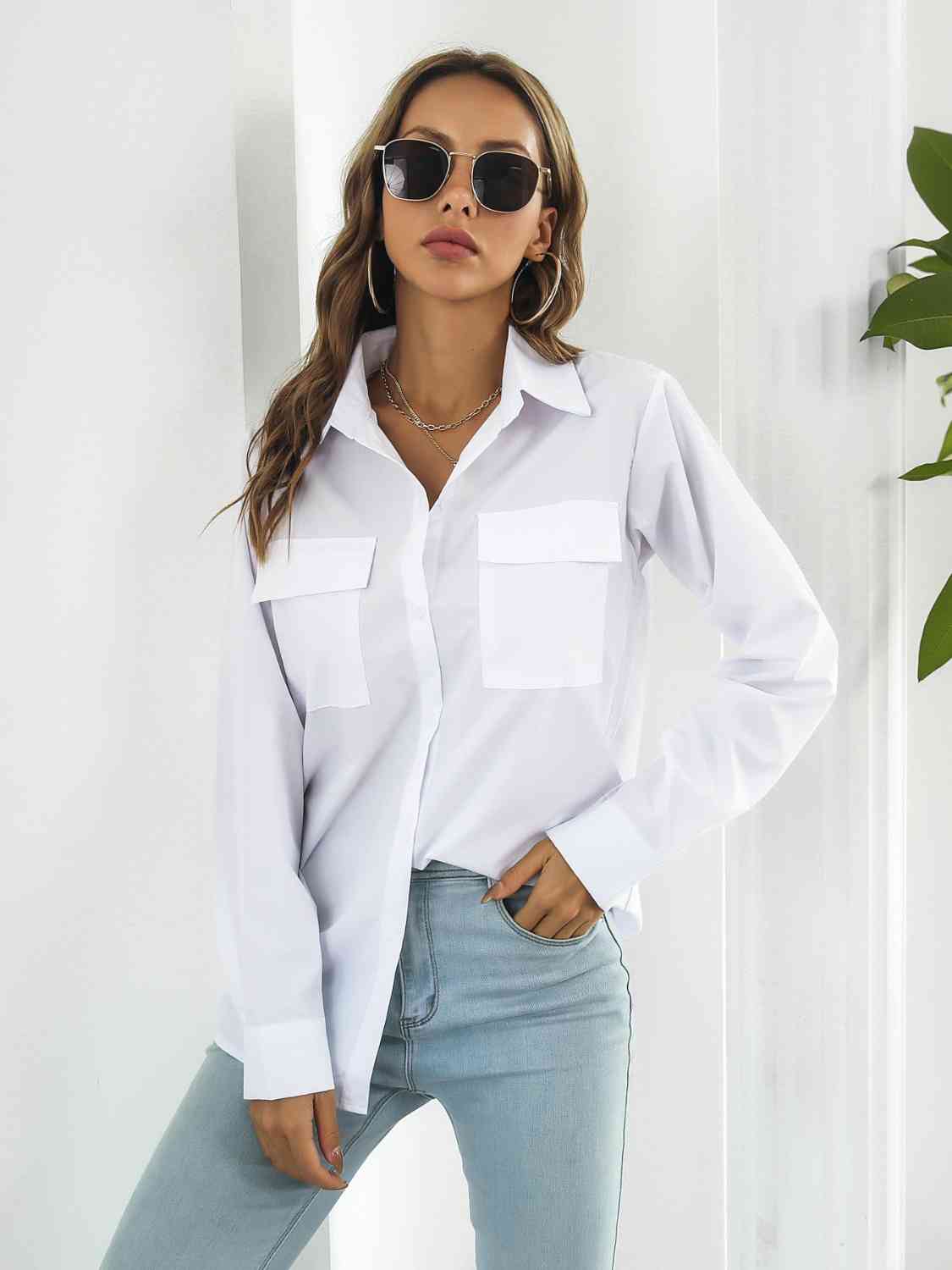 Collared Neck Buttoned Shirt with Pockets king-general-store-5710.myshopify.com