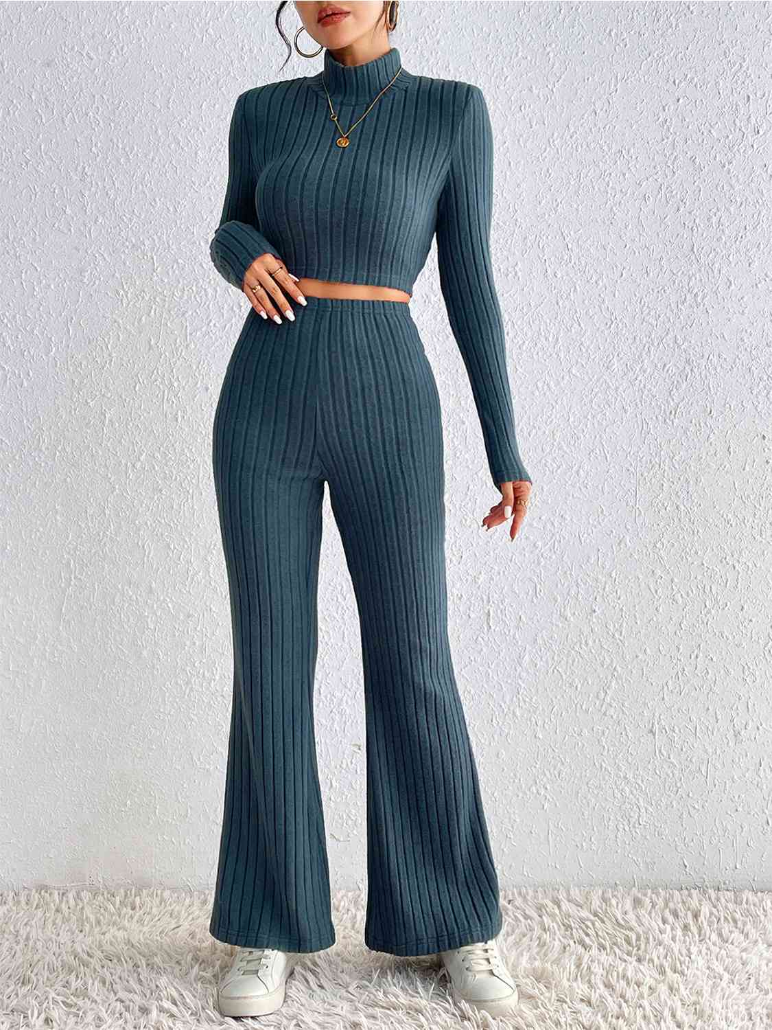 Ribbed Mock Neck Cropped Sweater & High Waist Pants Set king-general-store-5710.myshopify.com