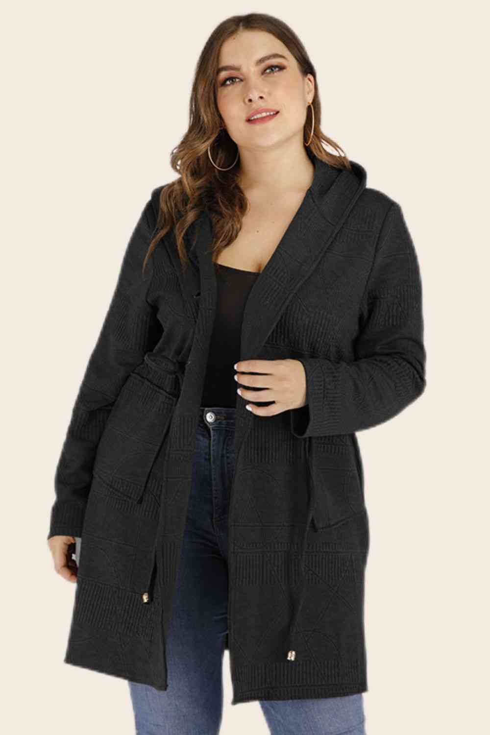 Plus Size Drawstring Waist Hooded Cardigan with Pockets king-general-store-5710.myshopify.com