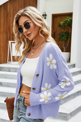 Floral Ribbed Trim Drop Shoulder Cardigan king-general-store-5710.myshopify.com