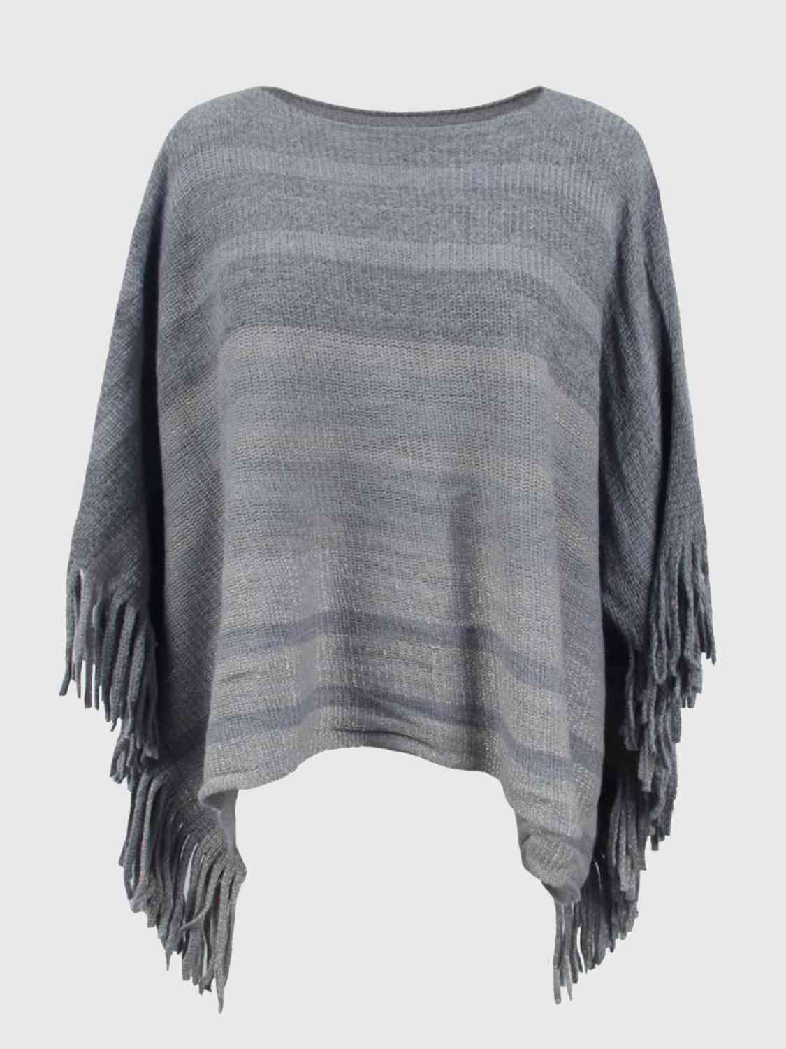 Striped Boat Neck Poncho with Fringes king-general-store-5710.myshopify.com