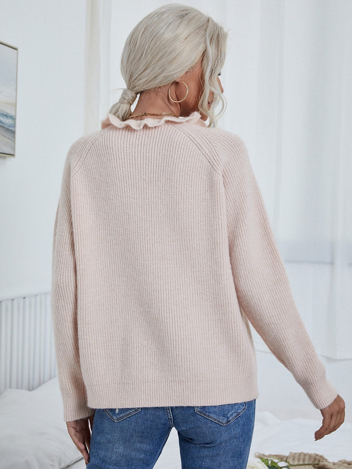 Button Detail Frill Neck Rib-Knit Sweater king-general-store-5710.myshopify.com