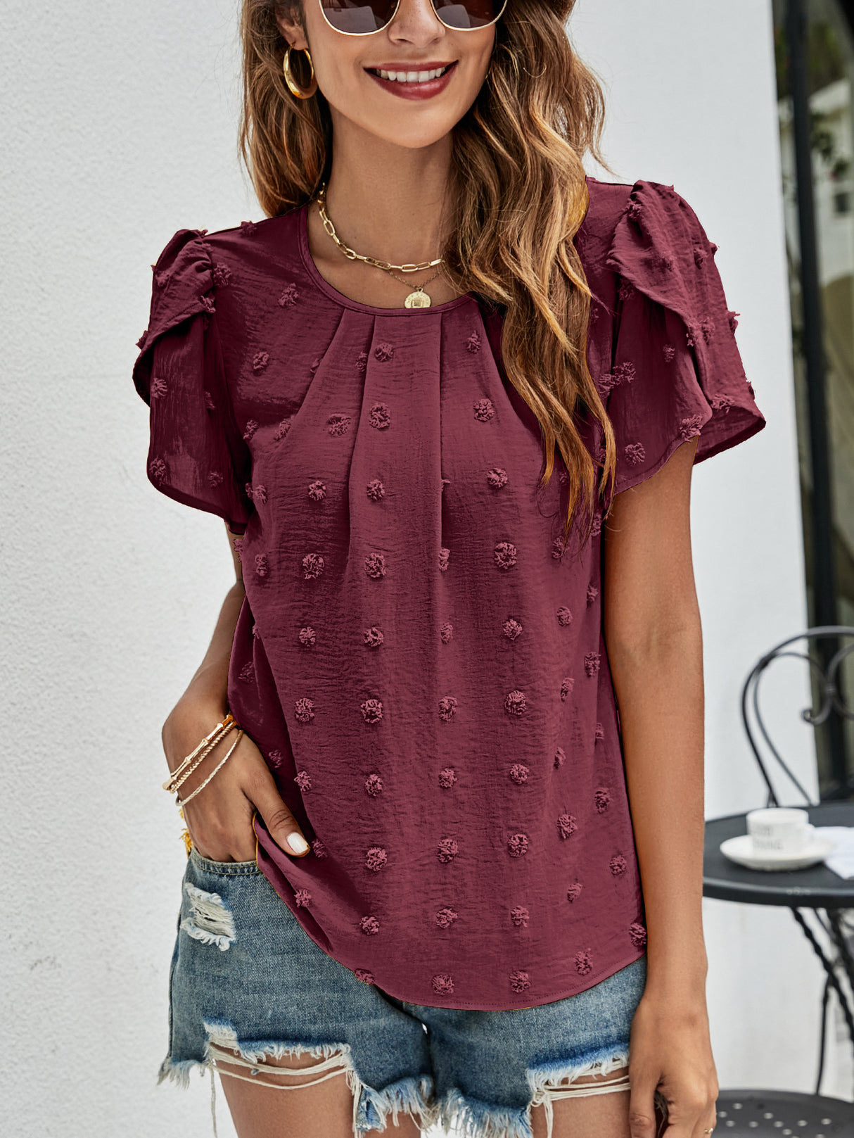 Swiss Dot Round Neck Petal Sleeve Top king-general-store-5710.myshopify.com