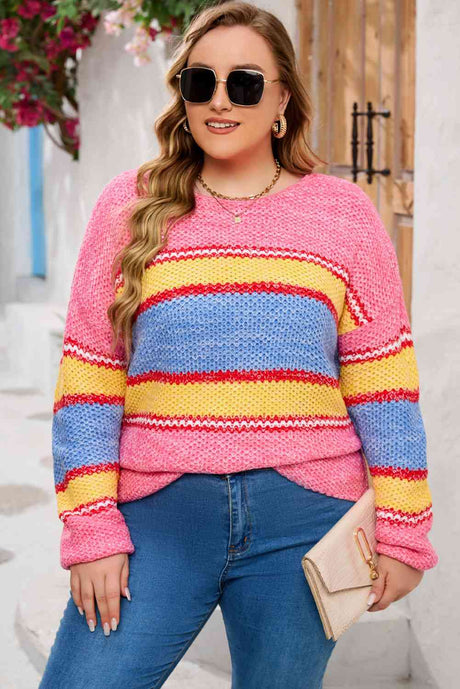 Plus Size Color Block Round Neck Long Sleeve Sweater king-general-store-5710.myshopify.com