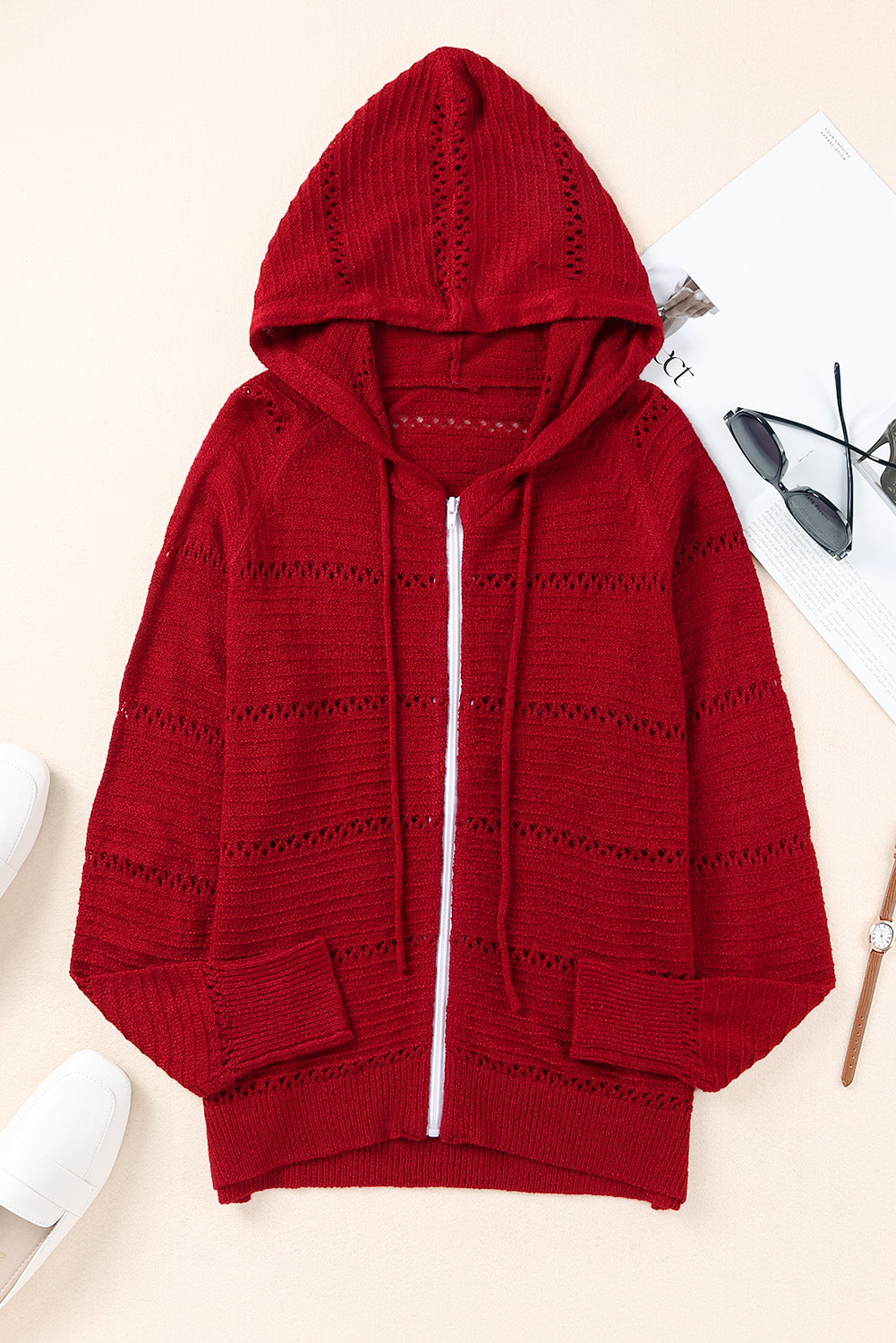 Zip-Up Raglan Sleeve Openwork Hooded Cardigan king-general-store-5710.myshopify.com