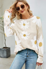 Daisy Print Openwork Round Neck Sweater king-general-store-5710.myshopify.com