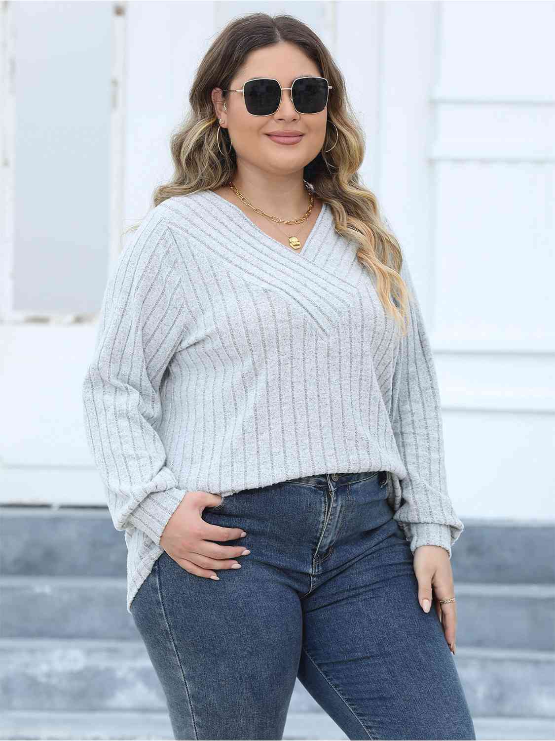 Plus Size Ribbed V-Neck Long Sleeve Top king-general-store-5710.myshopify.com