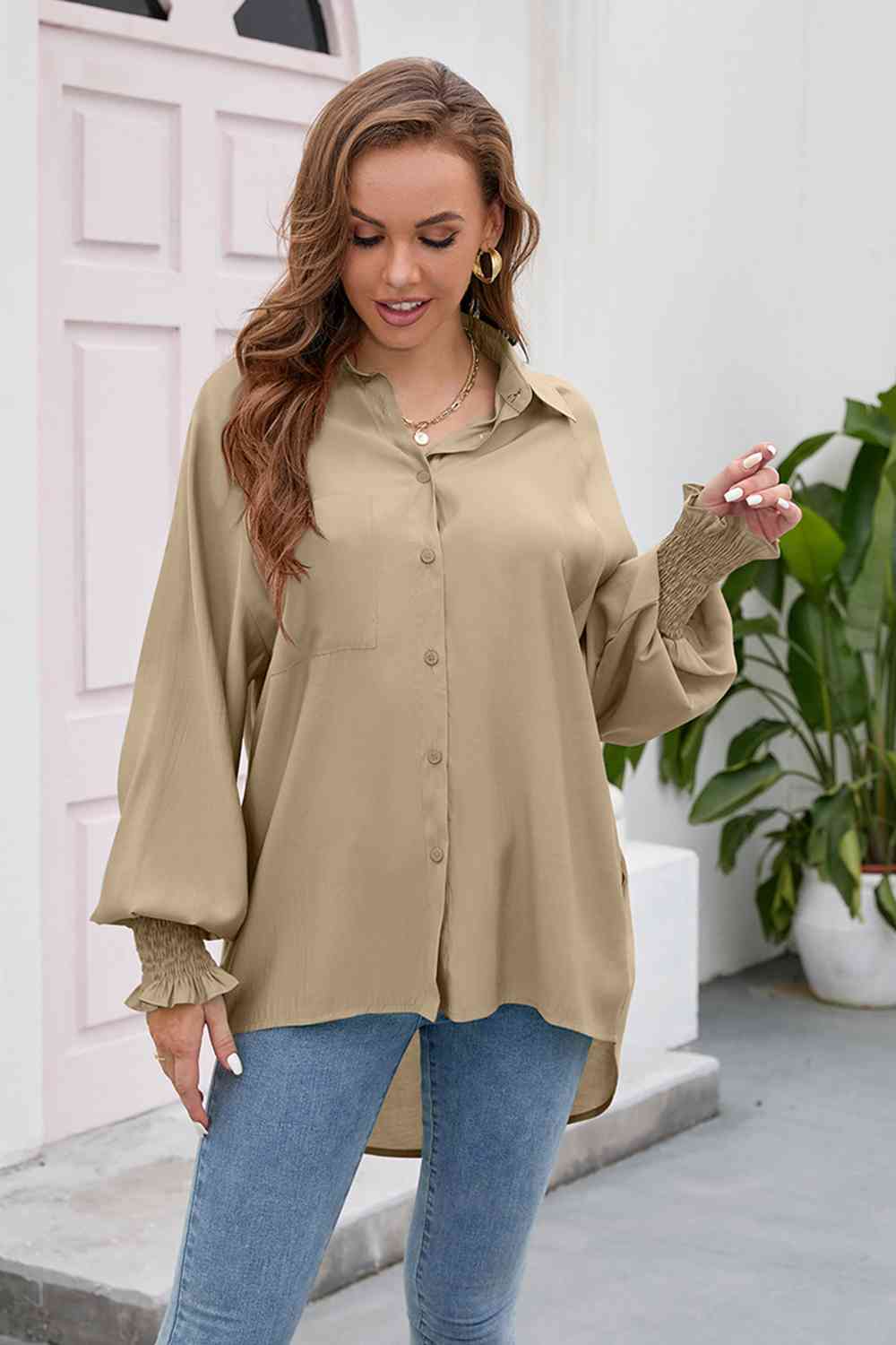 High-Low Collared Neck Lantern Sleeve Shirt king-general-store-5710.myshopify.com