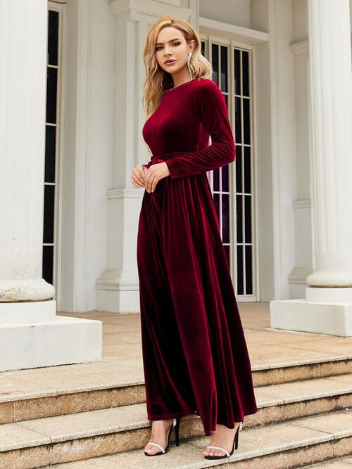 Tie Front Round Neck Long Sleeve Maxi Dress king-general-store-5710.myshopify.com