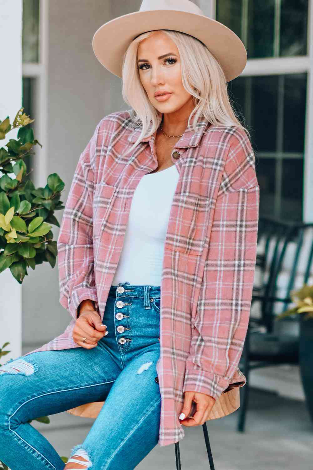 Plaid Curved Hem Dropped Shoulder Longline Shirt Jacket king-general-store-5710.myshopify.com