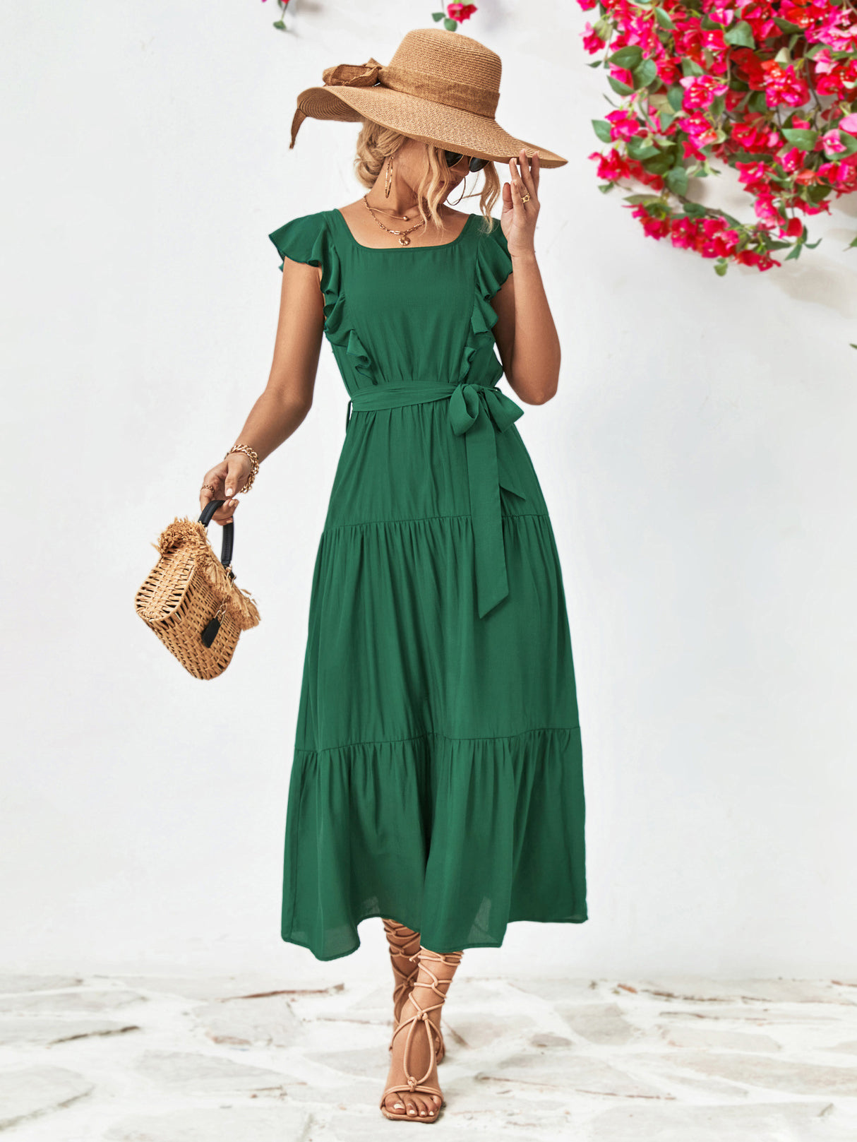 Tie Belt Ruffled Tiered Dress king-general-store-5710.myshopify.com