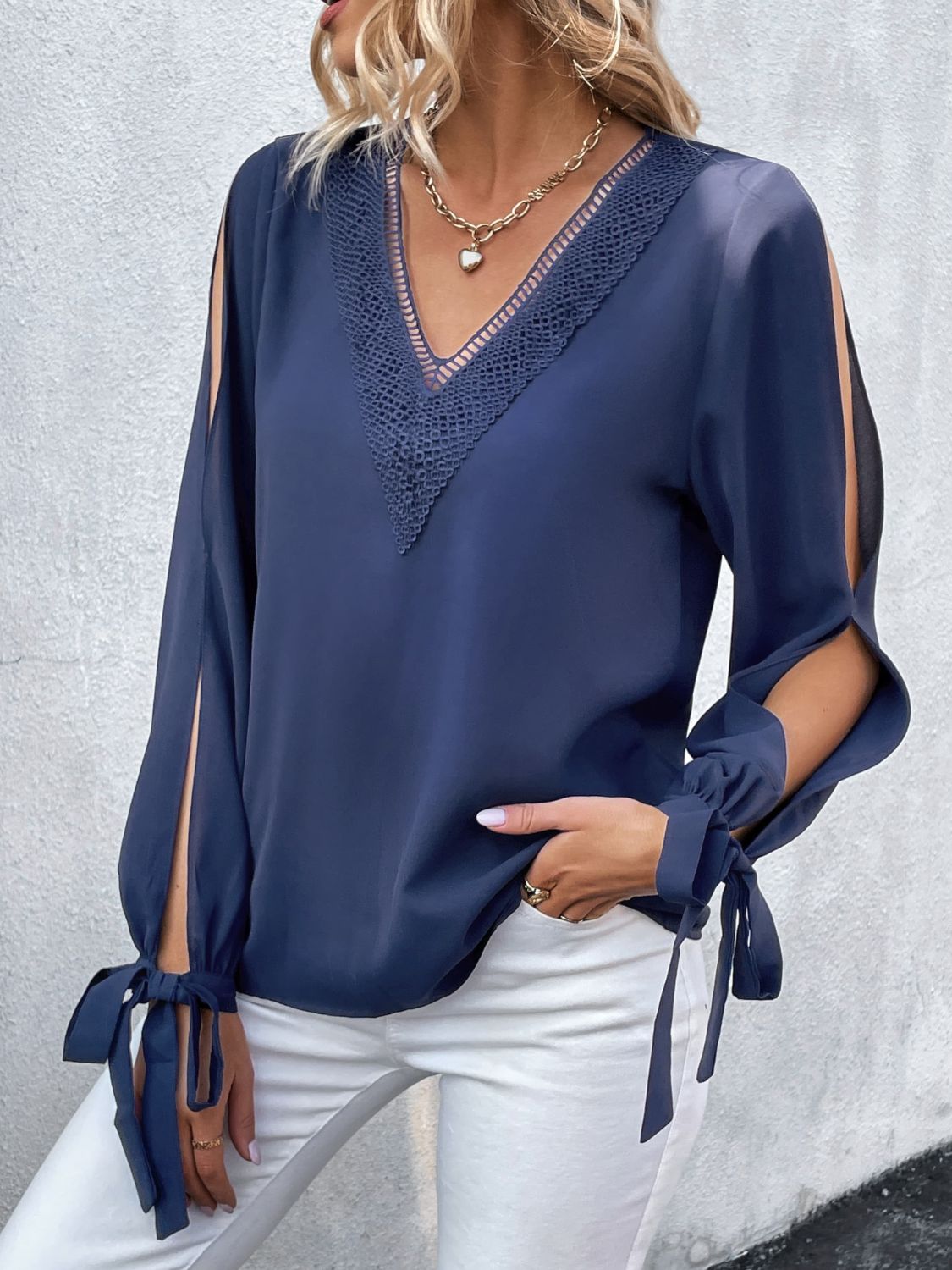 V-Neck Tie Cuff Slit Blouse king-general-store-5710.myshopify.com