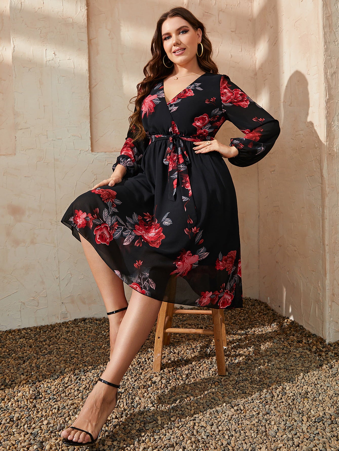 Plus Size Floral Surplice Neck Tie Waist Dress king-general-store-5710.myshopify.com