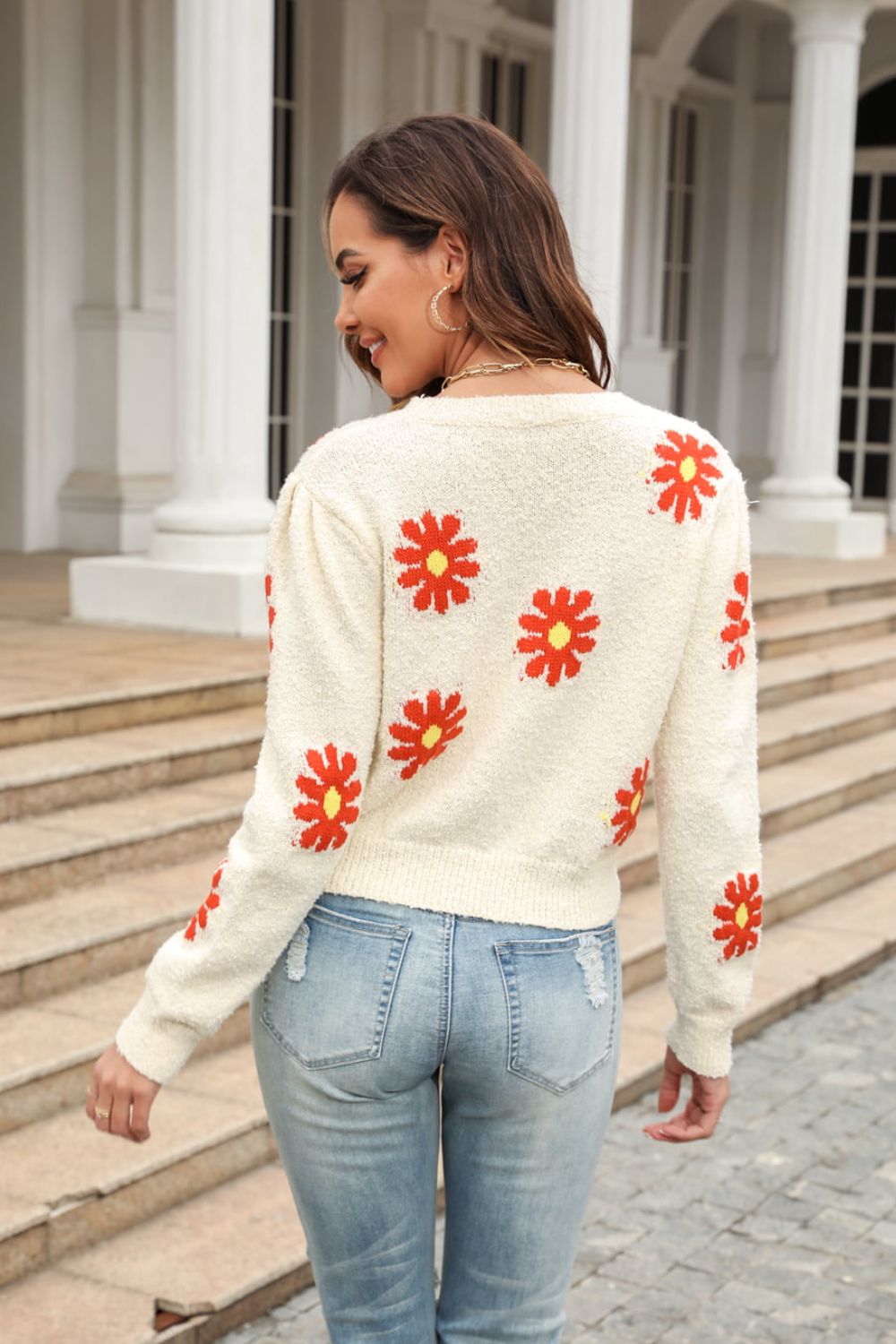 Flower Pattern Round Neck Short Sleeve Pullover Sweater king-general-store-5710.myshopify.com