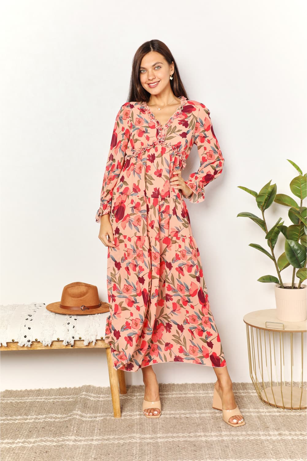 Double Take Floral Frill Trim Flounce Sleeve Plunge Maxi Dress king-general-store-5710.myshopify.com