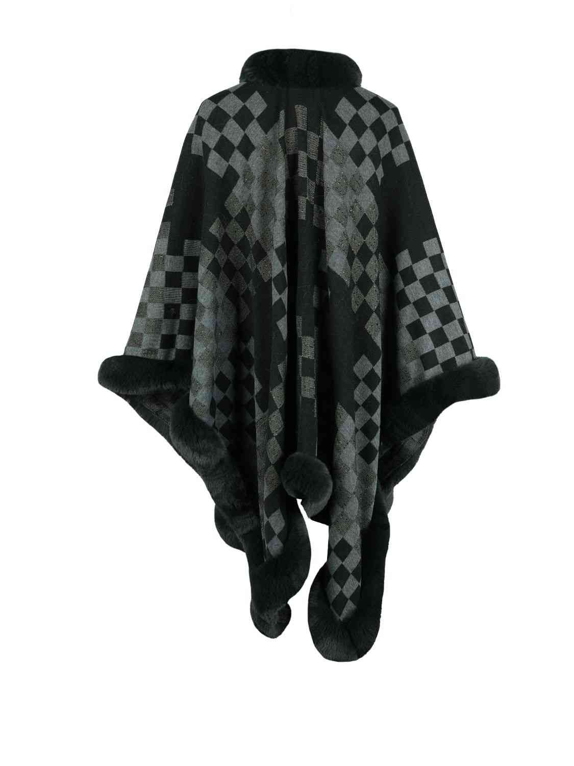 Checkered Faux Fur Trim Poncho king-general-store-5710.myshopify.com