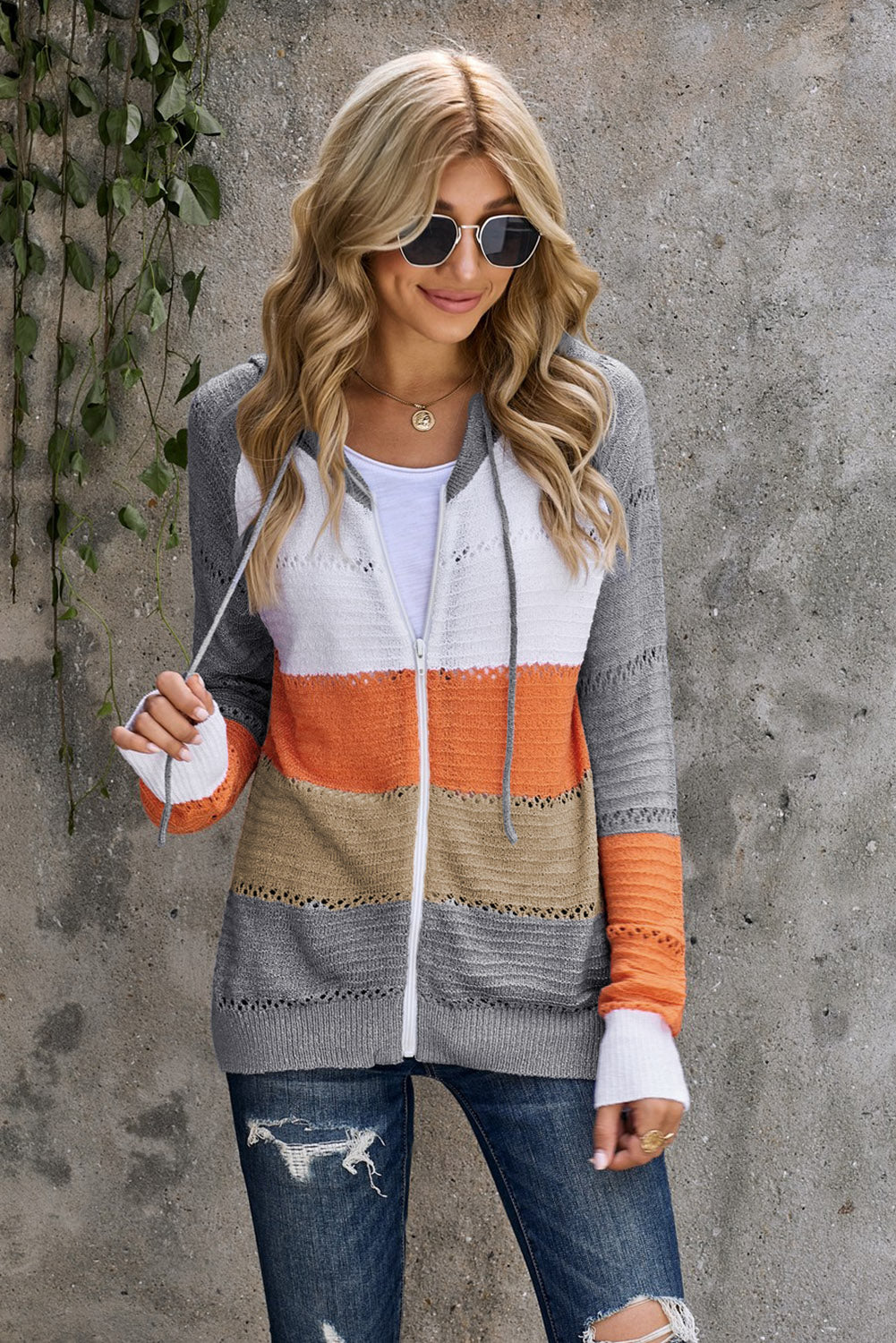 Zip-Up Raglan Sleeve Openwork Hooded Cardigan king-general-store-5710.myshopify.com