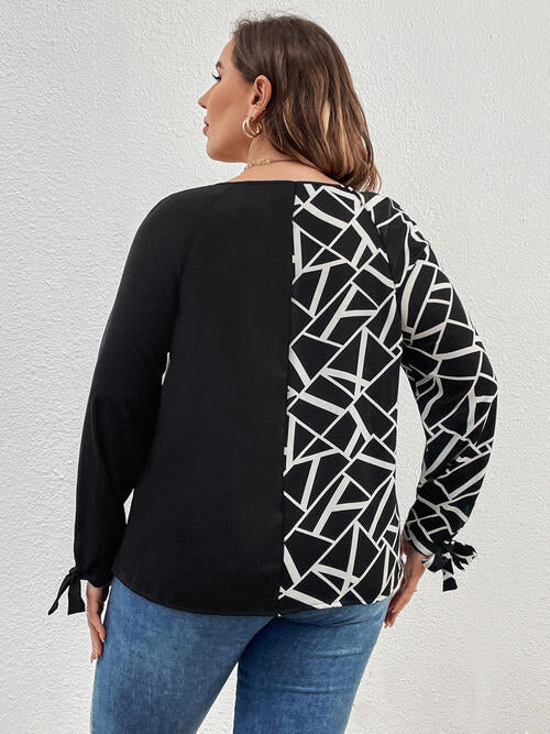 Plus Size Geometric V-Neck Long Sleeve T-Shirt king-general-store-5710.myshopify.com