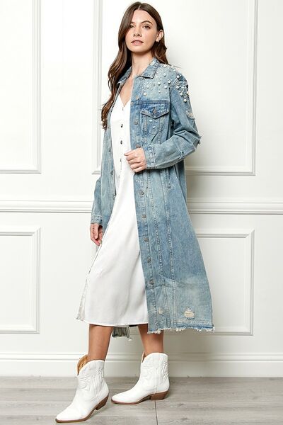 Veveret Full Size Distressed Raw Hem Pearl Detail Button Up Jacket king-general-store-5710.myshopify.com