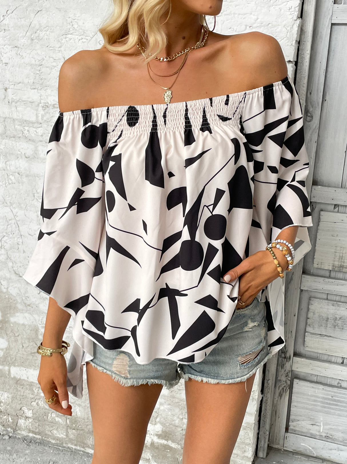 Printed Off-Shoulder Bell Sleeve Blouse king-general-store-5710.myshopify.com