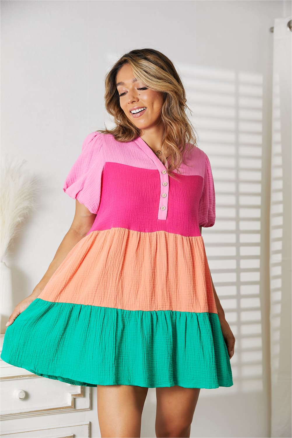 Double Take Color Block Buttoned Puff Sleeve Dress king-general-store-5710.myshopify.com