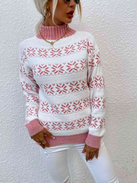 Snowflake Pattern Mock Neck Sweater king-general-store-5710.myshopify.com