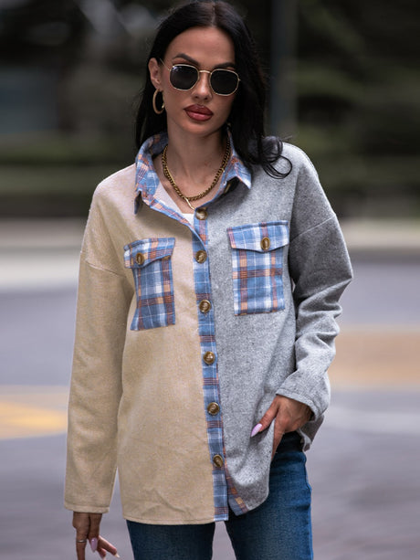 Plaid Contrast Drop Shoulder Shacket king-general-store-5710.myshopify.com