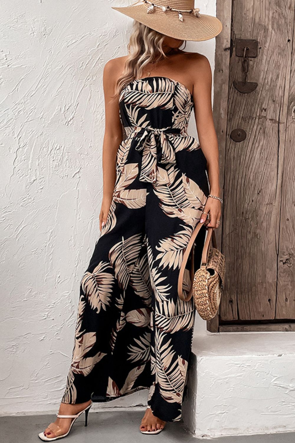 Printed Strapless Wide Leg Jumpsuit with Pockets king-general-store-5710.myshopify.com