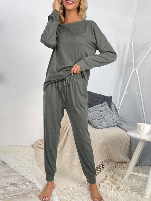 Round Neck Top and Drawstring Pants Lounge Set king-general-store-5710.myshopify.com