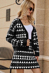 Geometric Dropped Shoulder Cardigan and Knit Skirt Set king-general-store-5710.myshopify.com