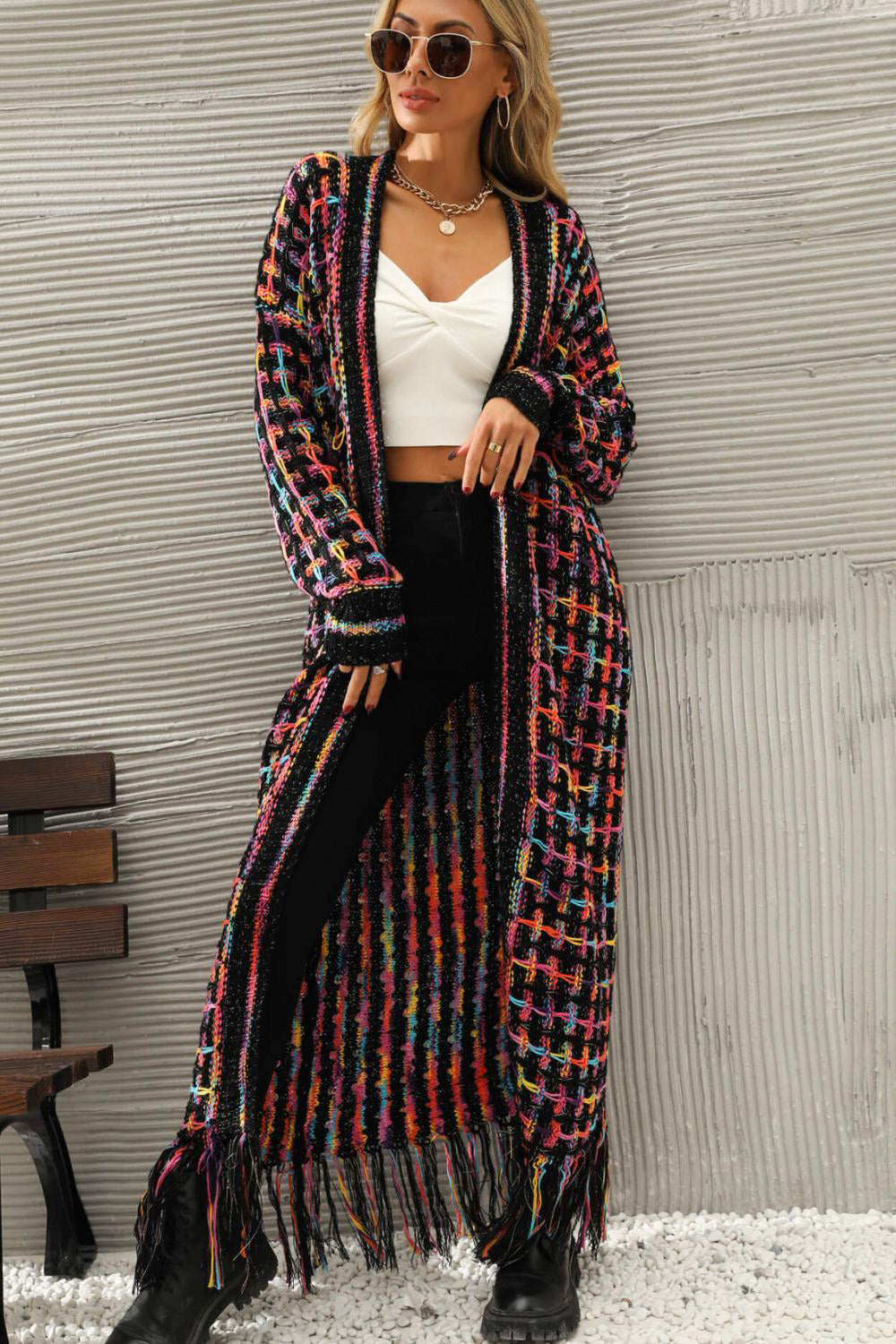 Multicolored Open Front Fringe Hem Cardigan king-general-store-5710.myshopify.com