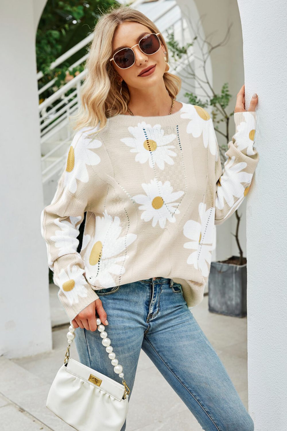 Daisy Print Openwork Round Neck Sweater king-general-store-5710.myshopify.com