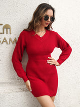 Rib-Knit V-Neck Sweater Dress king-general-store-5710.myshopify.com