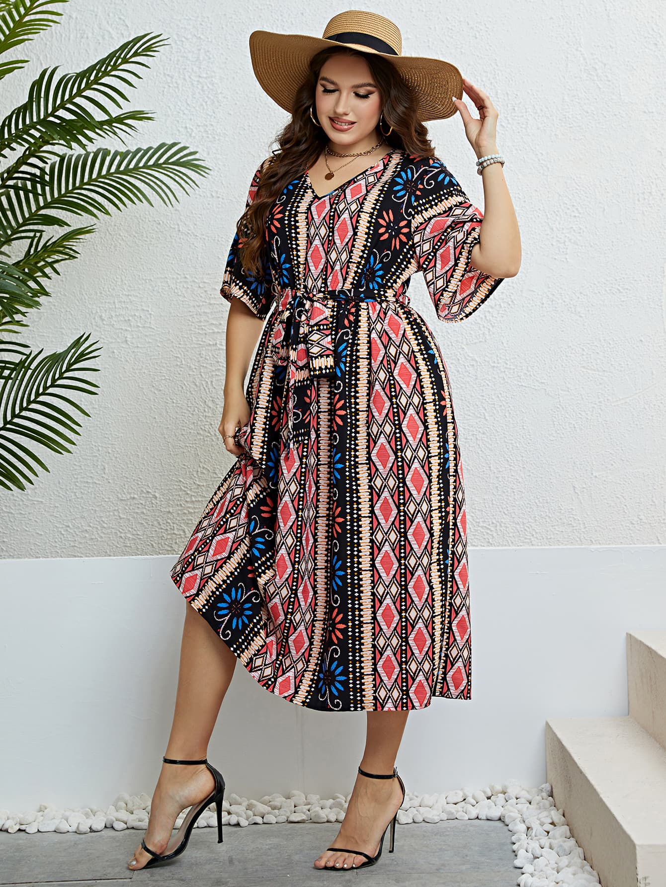 Plus Size Bohemian V-Neck Tie Belt Midi Dress king-general-store-5710.myshopify.com