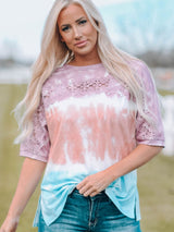 Tie-Dye Lace Trim Round Neck Top king-general-store-5710.myshopify.com