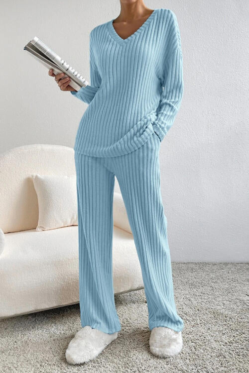 Ribbed V-Neck Top and Pants Set king-general-store-5710.myshopify.com