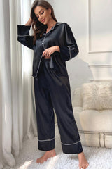 Contrast Piping Button-Up Top and Pants Pajama Set king-general-store-5710.myshopify.com