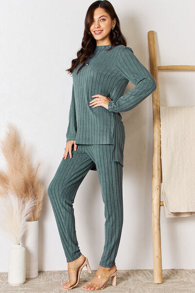 Basic Bae Full Size Ribbed Round Neck High-Low Slit Top and Pants Set king-general-store-5710.myshopify.com