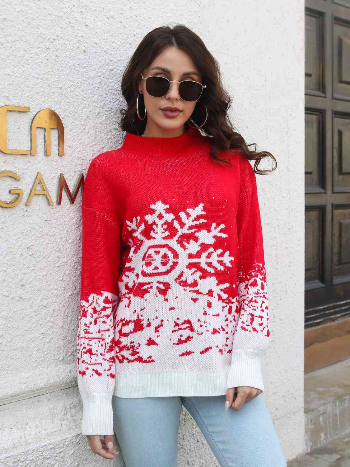 Snowflake Pattern Mock Neck Sweater king-general-store-5710.myshopify.com