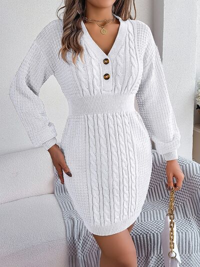 Buttoned Cable-Knit V-Neck Sweater Dress king-general-store-5710.myshopify.com