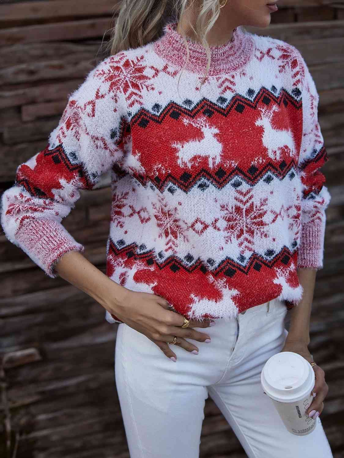 Reindeer & Snowflake Round Neck Sweater king-general-store-5710.myshopify.com