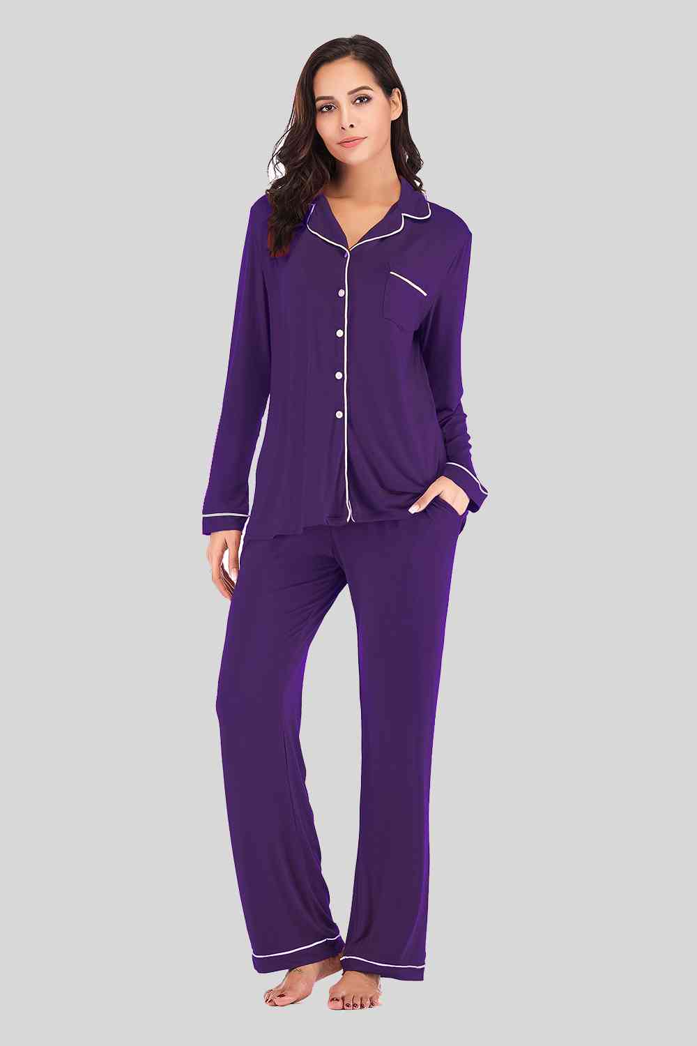 Collared Neck Long Sleeve Loungewear Set with Pockets king-general-store-5710.myshopify.com