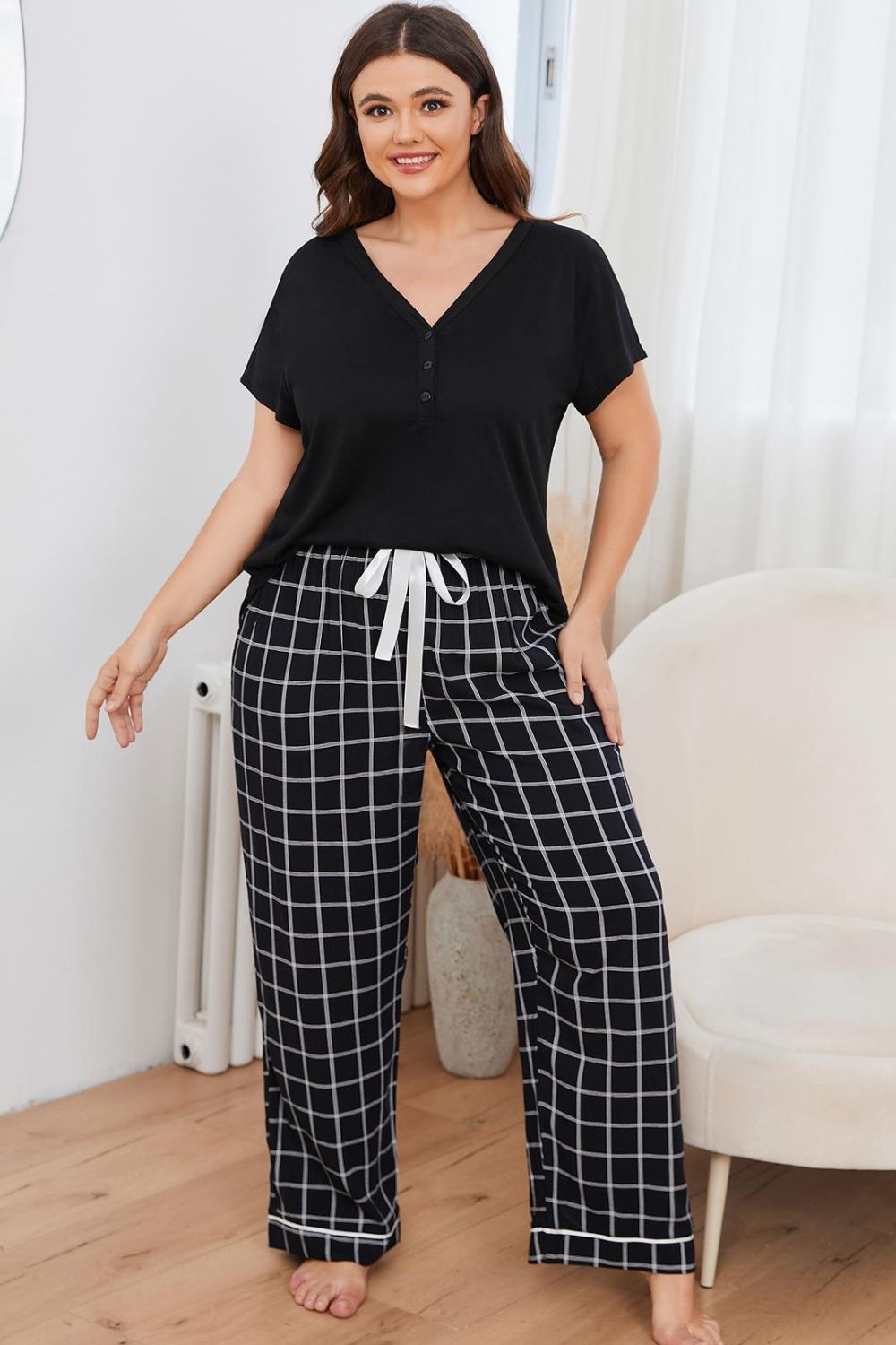 Plus Size V-Neck Top and Plaid Pants Lounge Set king-general-store-5710.myshopify.com