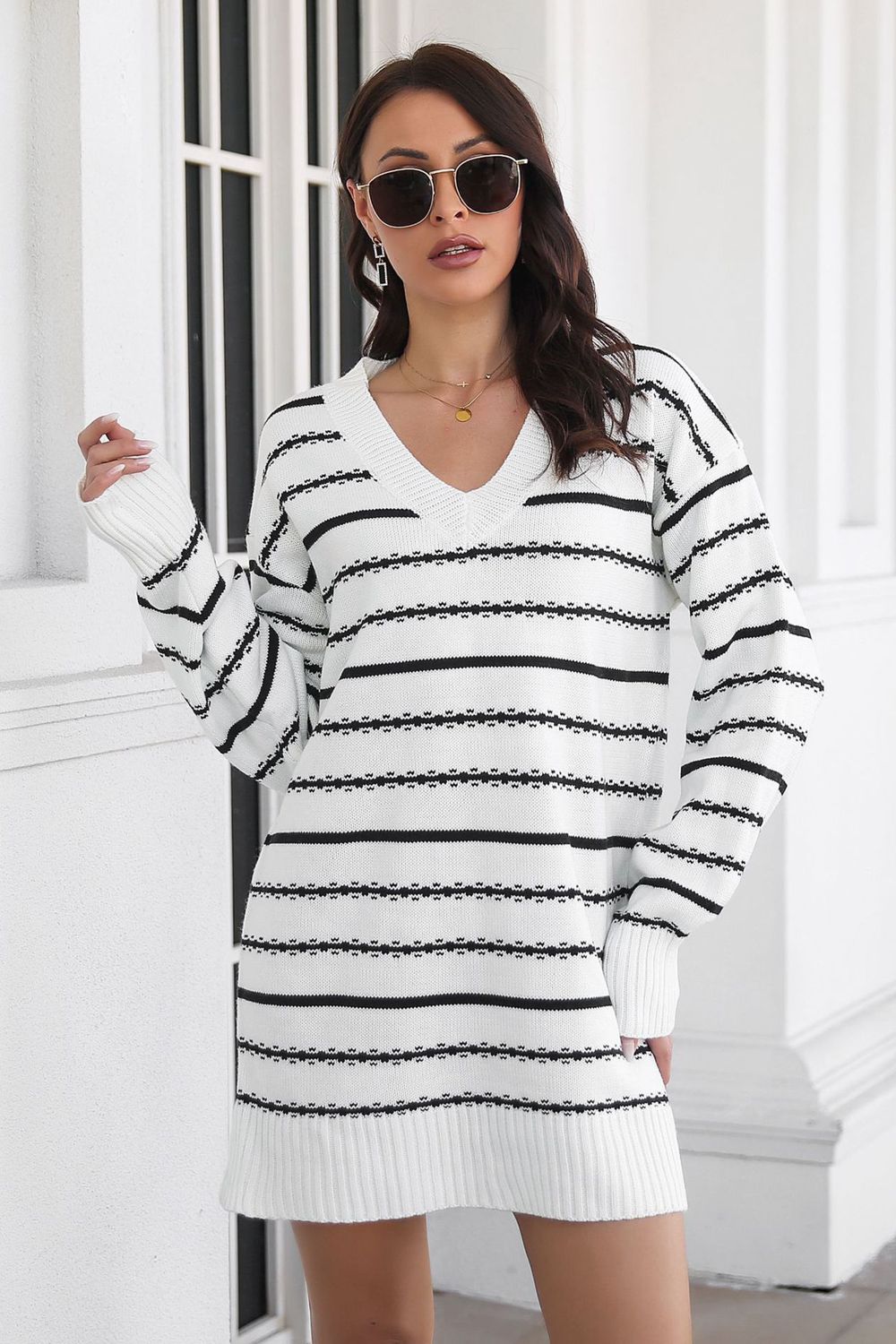 Striped V-Neck Sweater Dress king-general-store-5710.myshopify.com