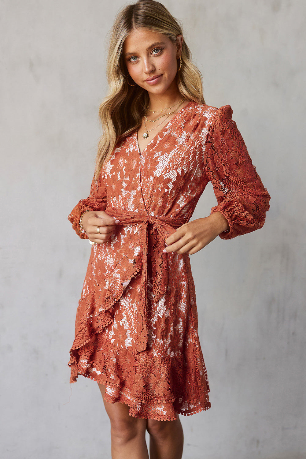 Pompom Trim Puff Sleeve Belted Lace Dress king-general-store-5710.myshopify.com