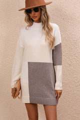 Color Block Mock Neck Dropped Shoulder Sweater Dress king-general-store-5710.myshopify.com