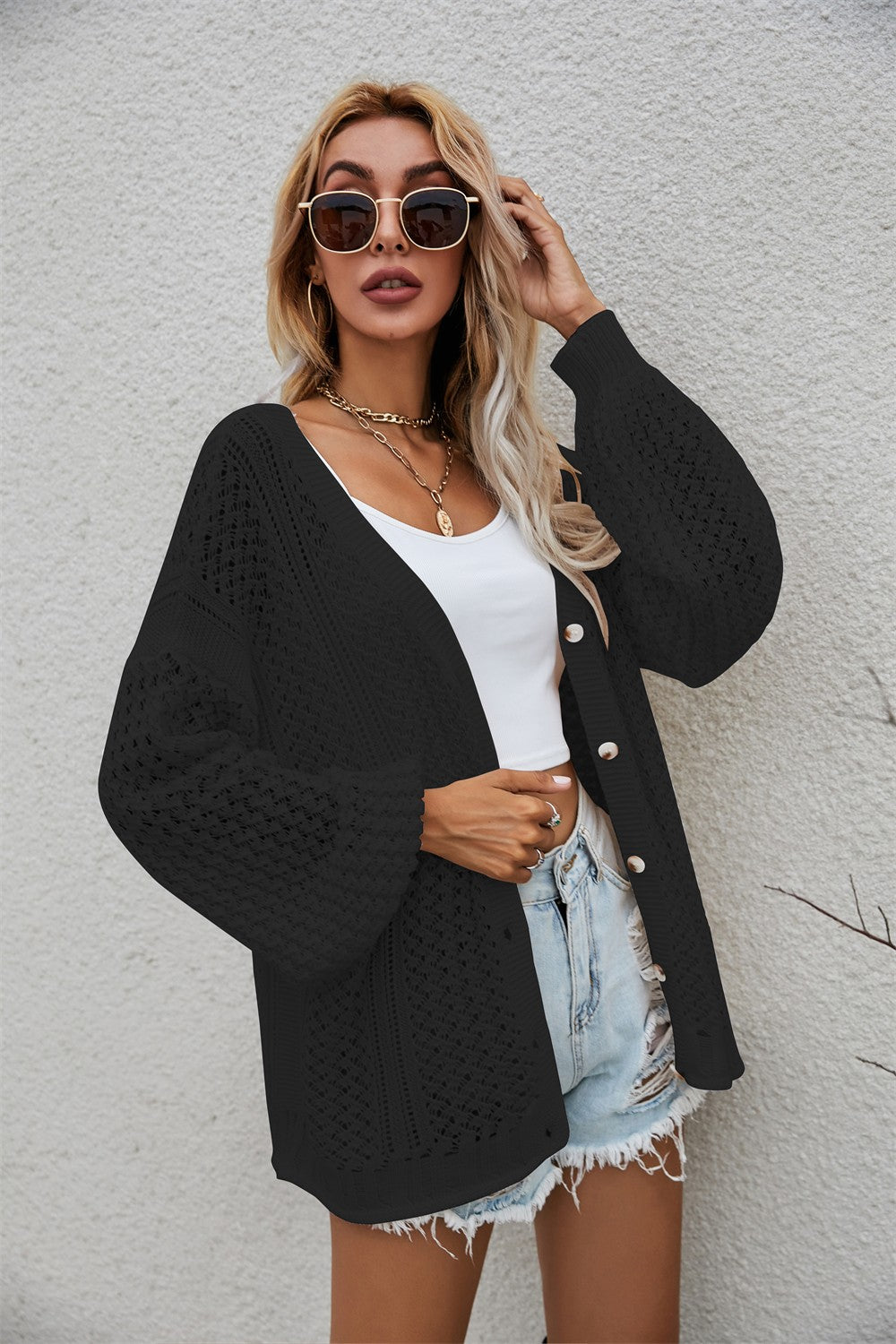 Openwork V-Neck Dropped Shoulder Cardigan king-general-store-5710.myshopify.com