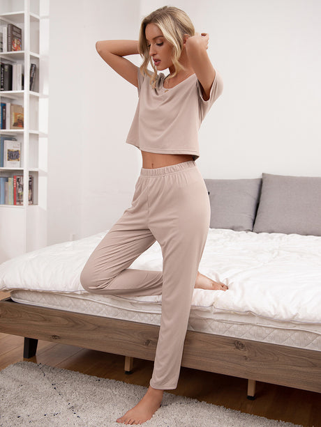 Round Neck Short Sleeve Top and Pants Lounge Set king-general-store-5710.myshopify.com