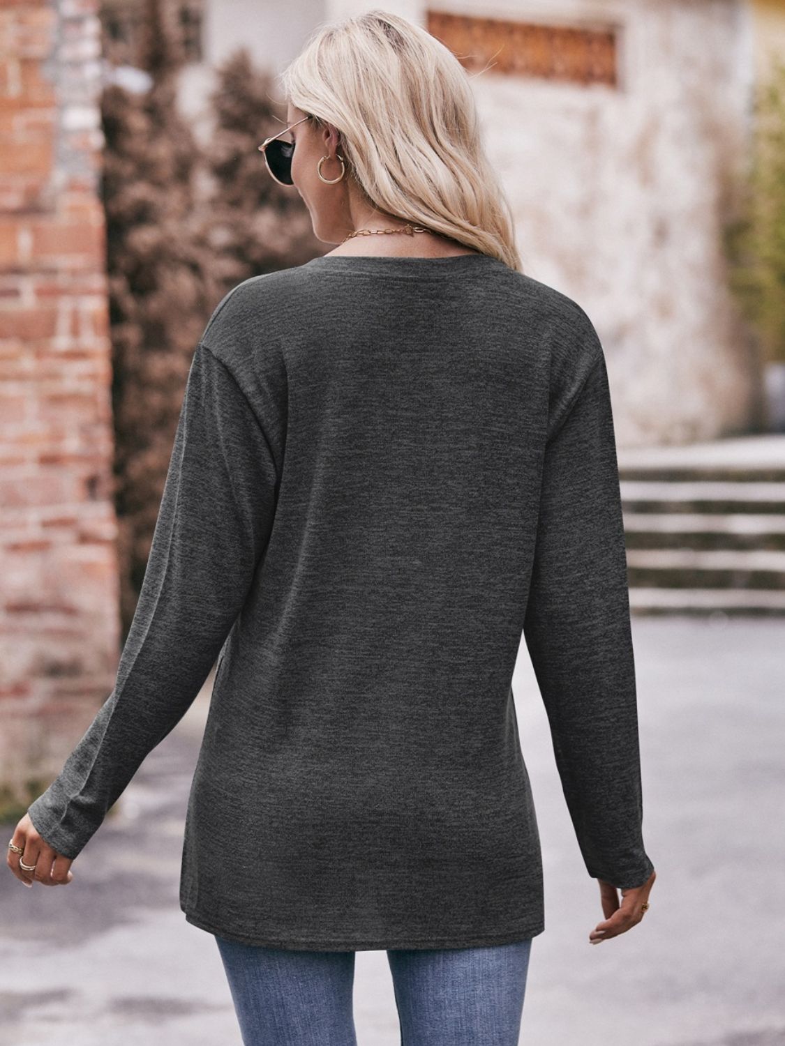 Buttoned Notched Neck Long Sleeve Top king-general-store-5710.myshopify.com