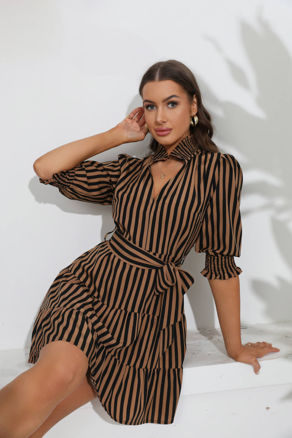 Striped Tie Belt Tiered Dress king-general-store-5710.myshopify.com